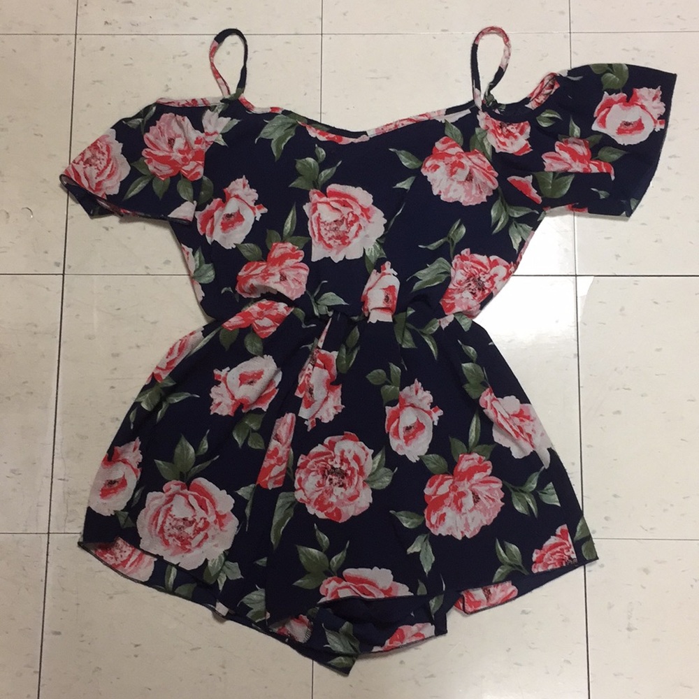 Floral Navy Blue Romper with Off Shoulder Sleeve